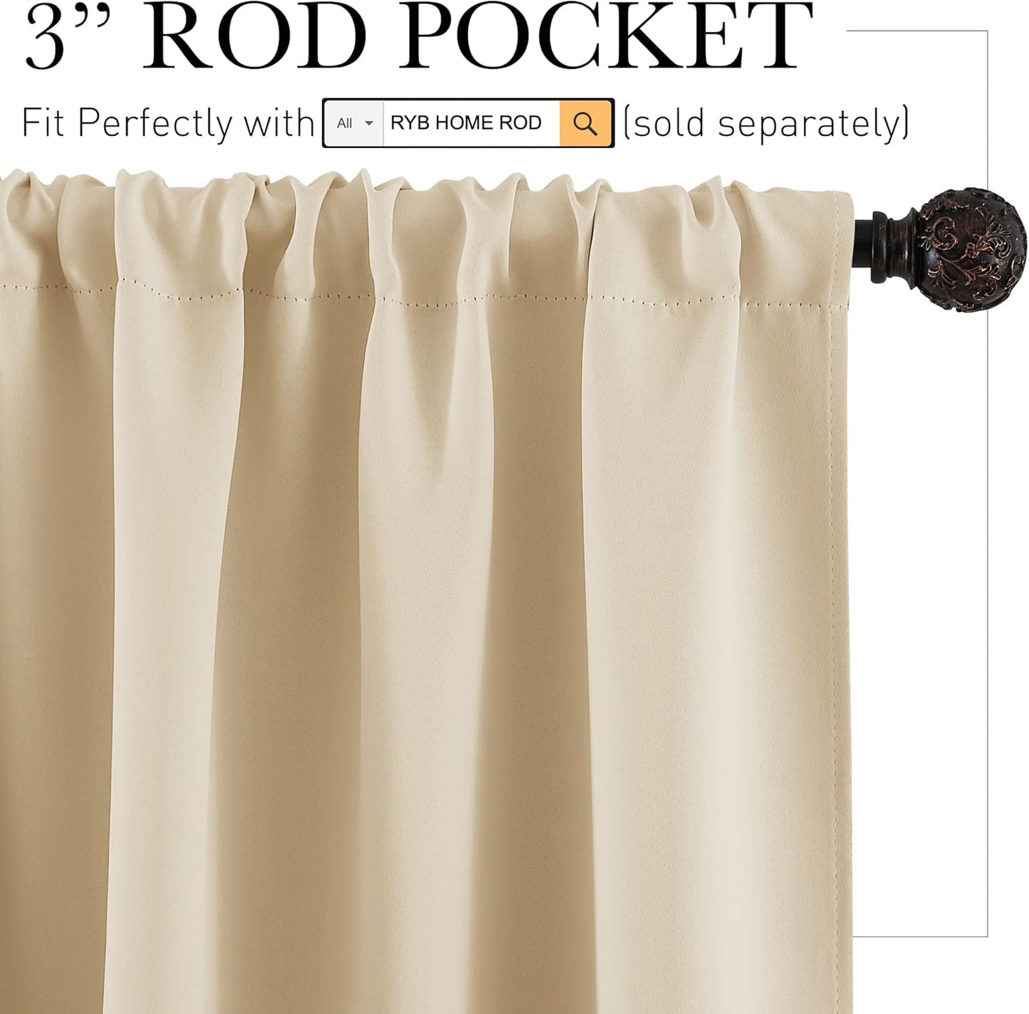 RYB HOME Short Curtains for Living Room Blackout Portable Blinds Shades for Bedroom Bathroom Basement Garage RV Camper Windows, W 34 x L 36 inches, Biscotti Beige, 2 Pcs