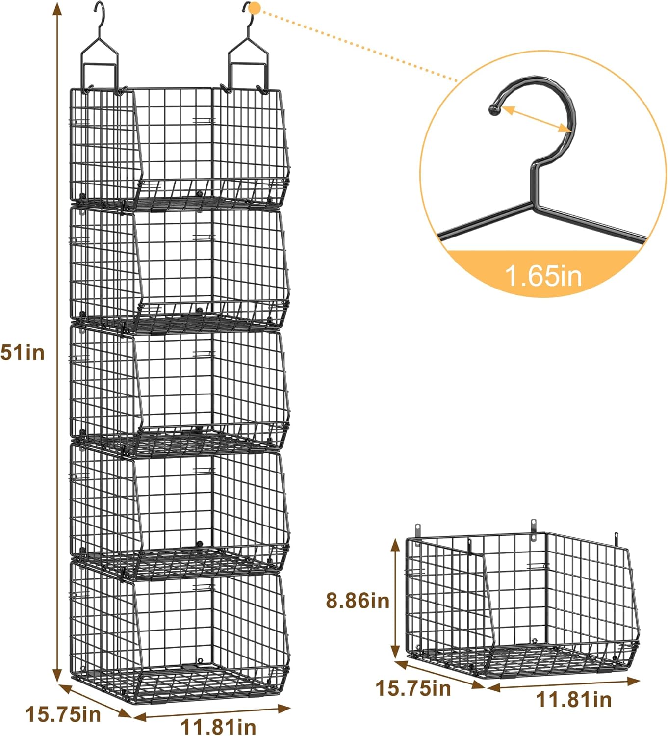 Deeper 4'' Design 5 Tier Foldable Hanging Closet Organizer and Storage，Wire Cabinet Shelves and Rack with 5 S Hooks,Stackable Metal Basket Bins for Clothes Shoe Purse,Holder for Wardrobe Dorm,Black