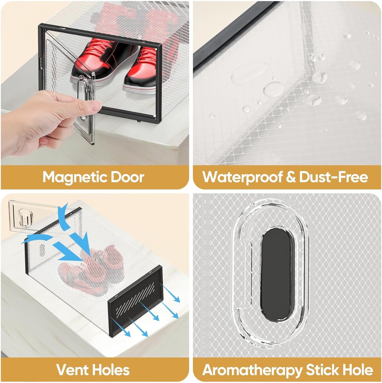 BALEINE 12 Pack Stackable Shoe Storage Boxes Fit Size 11, Thickened Clear Shoe Box Bins with Lids, Plastic Foldable Organizer Sneaker Storage Containers (X-Large, Black)