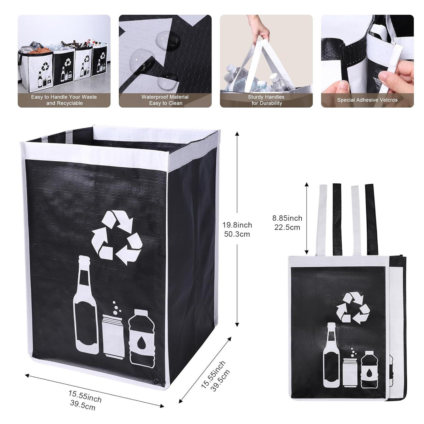 Recycle Waste Bag for Kitchen Home- Large Indoor Recycling Bins Trash Sorting Organizer, Reusable and Waterproof, 4 Pack