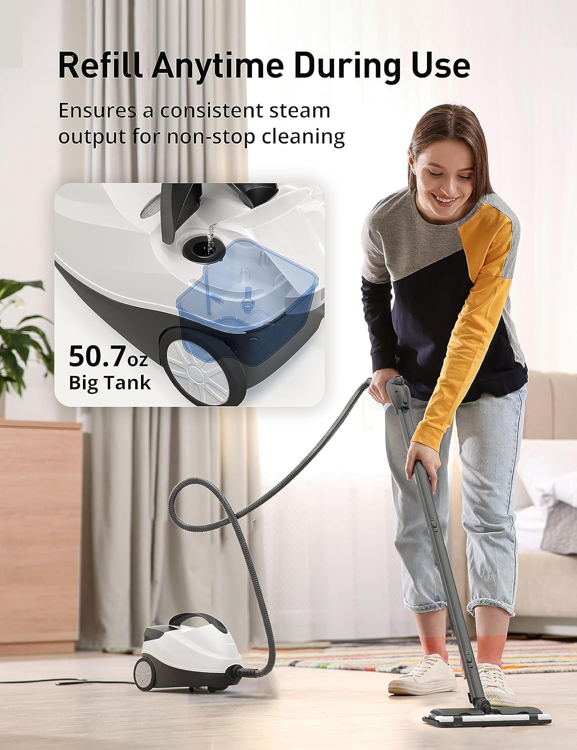 Steam Cleaner,Fast 50S Heat-Up Refill Anytime,293°F/70 PSI Powerful Multipurpose Handheld Steam Mop for Home Use with 50.7Oz Capacity,Steamer for Carpets,Hardwood Floor,Car,Tile,Crack Cleaning,6M Cord