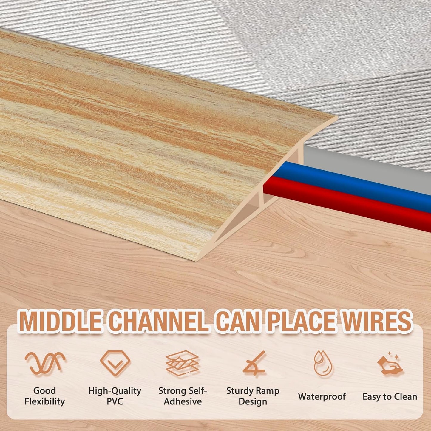 Floor Transition Strip Self Adhesive Vinyl Door Threshold for Doorways Carpet Edging Trim Overlap Edge Reducer for Laminate Floor, Carpet, Tile (Light Yellow Wood Grain, 1/5" to 2/5", 6.6Ft)