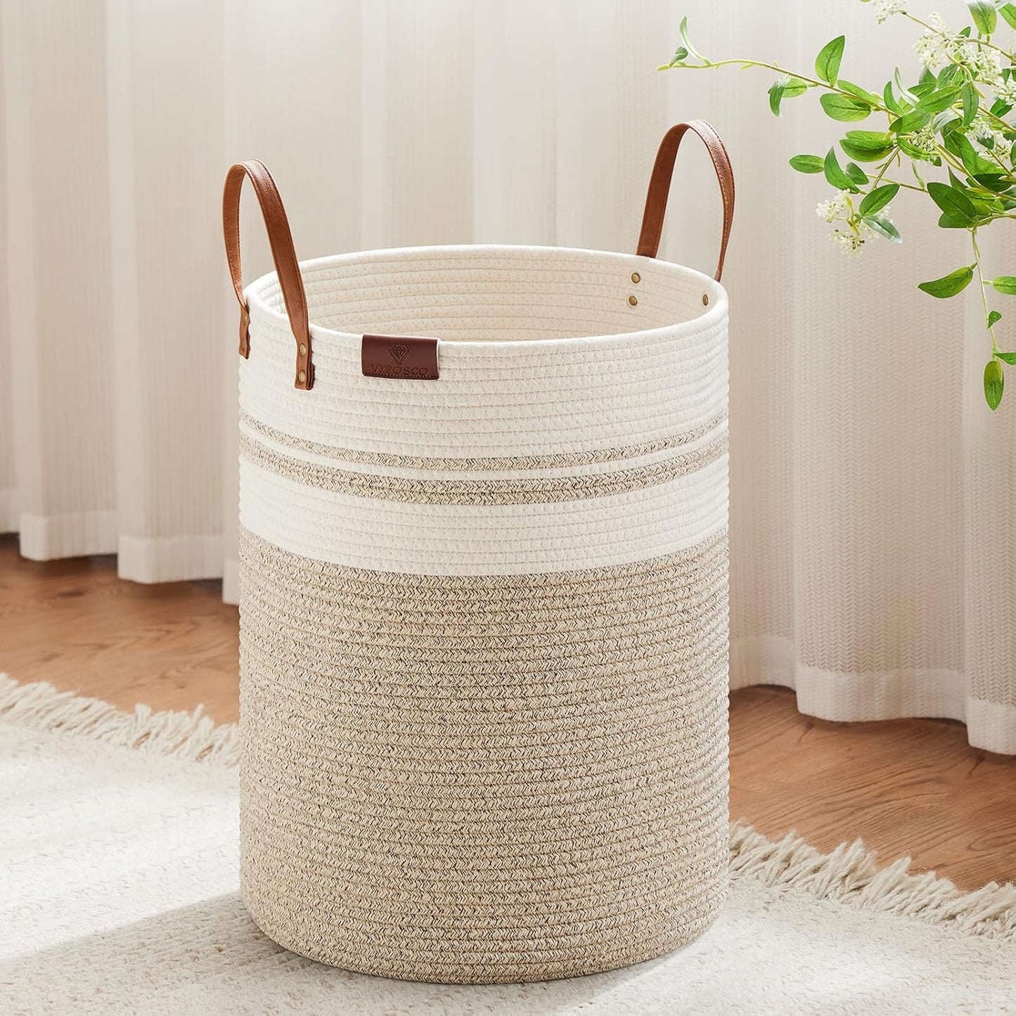 VIPOSCO Tall Laundry Basket, Large Dirty Clothes Hamper with Leather Handle, Woven Rope Storage Basket for Blanket, Toy In Living Room, Bathroom, Bedroom - 58L Brown & White