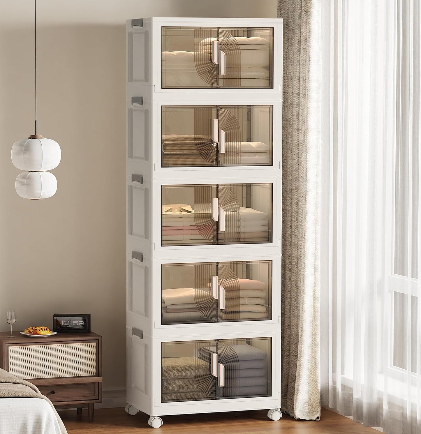 Elegant 5 Tiers Stackable Storage Bins for Home Organization, Moveable Plastic Storage Bins with Lids, Easy Assembled Storage Box for Closet Organizers and Storages Dorm 22" W x 12.4" D x 61.2" H