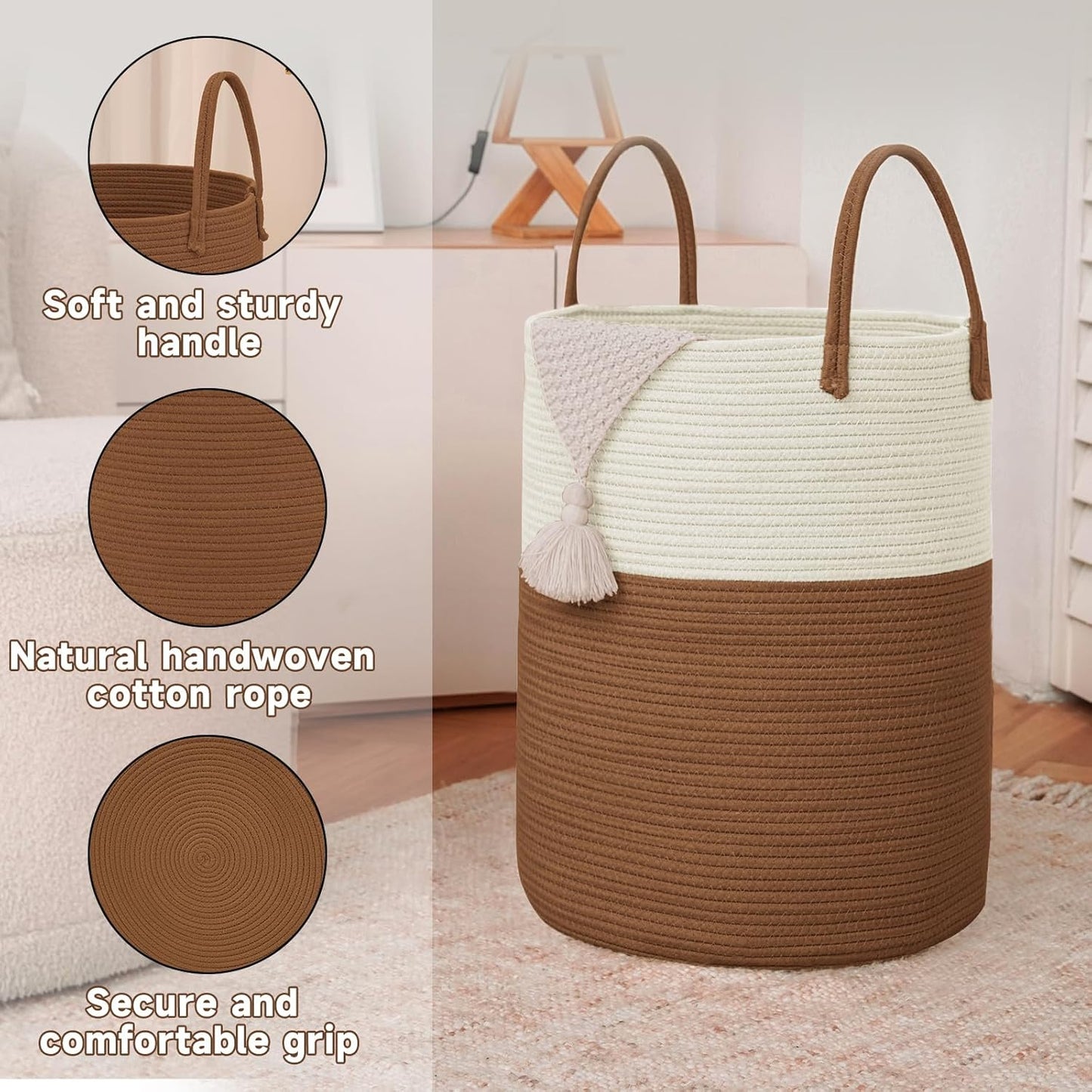 Large Woven Laundry Basket Hamper,60L Cotton Rope Storage Bin for Blankets,Toys and Clothes,Decorative Tall Nursery Hamper for Living Room,Baby Nursery,Bathroom and Bedroom,White and Brown