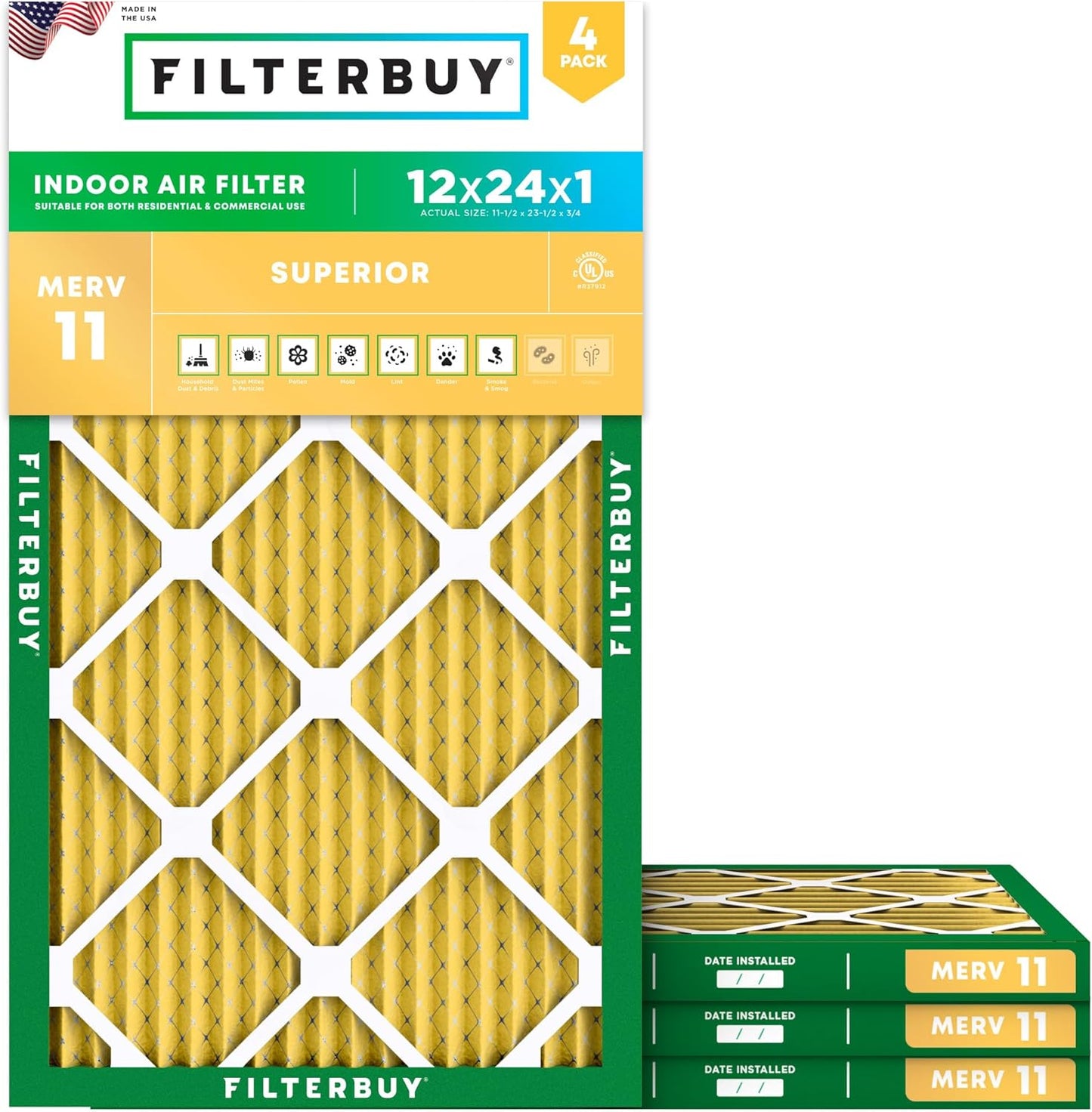Filterbuy 12x24x1 Air Filter MERV 11 (MPR 1200) Allergen Defense Replacement (4-Pack), Electrostatic Pleated HVAC AC Furnace Filters, Made in USA (Actual Size: 11.50 x 23.50 x 0.75)