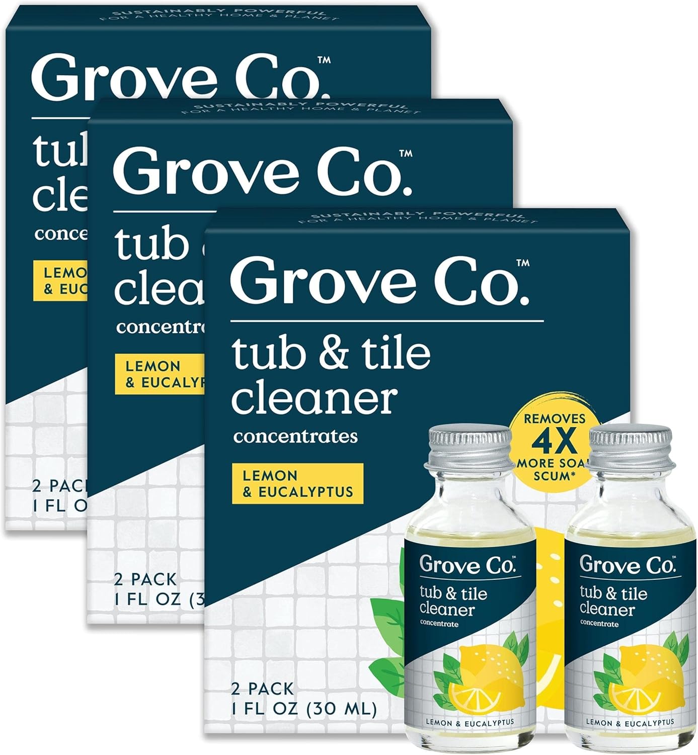 Grove Co. Tub and Tile Cleaner, Refill Concentrate (6 x 1 Fl Oz) Plant-Based Household Cleaning Supplies, No Plastic Waste, 100% Natural Lemon & Eucalyptus Fragrance, 3 x 2 Pack Refills