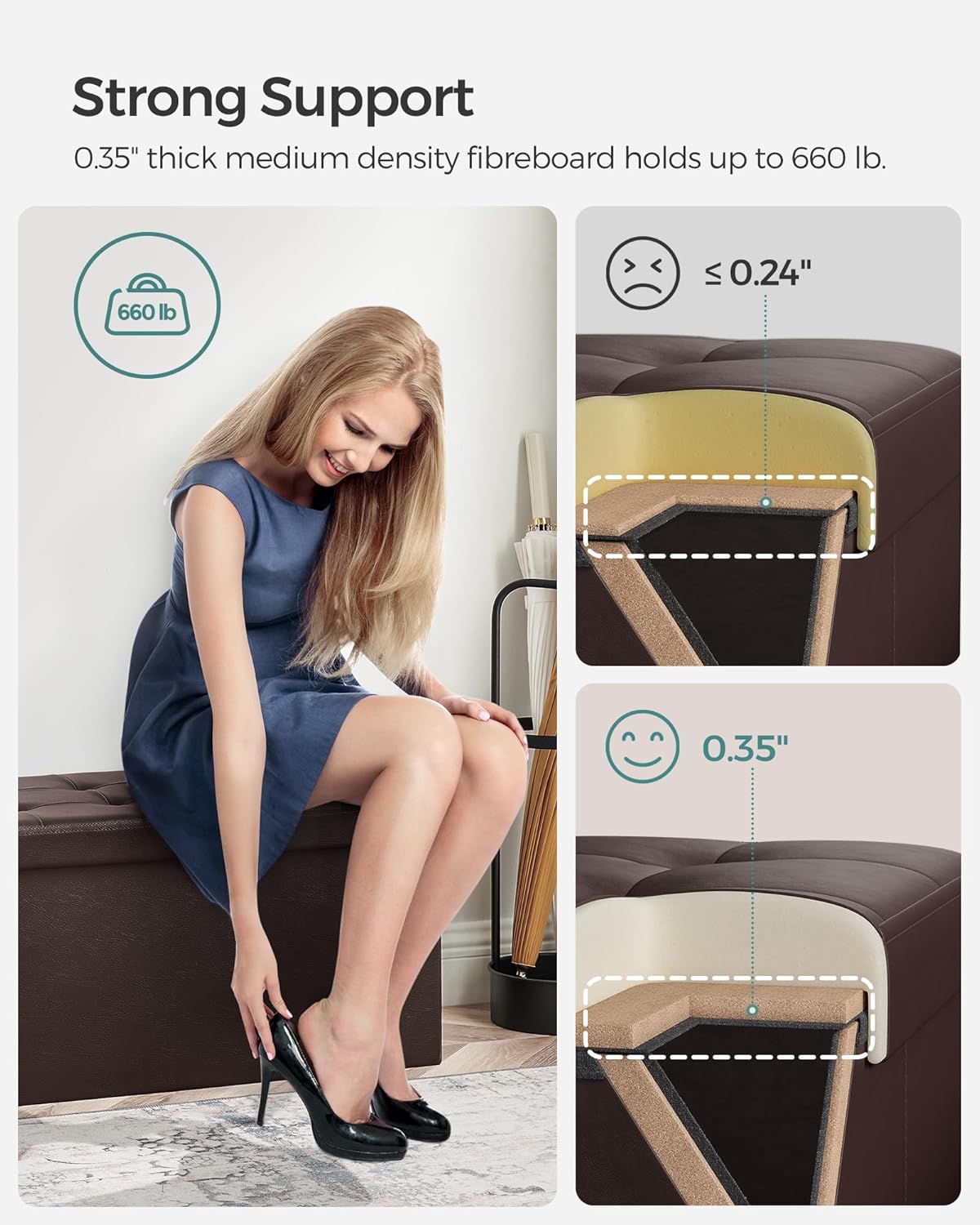 SONGMICS MAZIE Collection - 30 Inches Storage Ottoman Bench with Flipping Lid, Storage Chest Footstool, Load 660 lb, for Entryway, Living Room, Bedroom, Synthetic Leather, Brown ULSF45BR