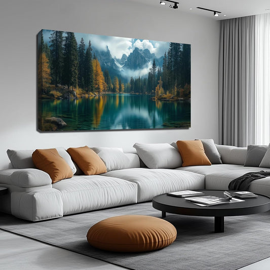GUGIKA Landscape Wall Art for Living Room, Blue Mountain and Lake Wall-Decor for Bedroom, Modern Scenery Poster Canvas Print, Size 59 x 29 Inches