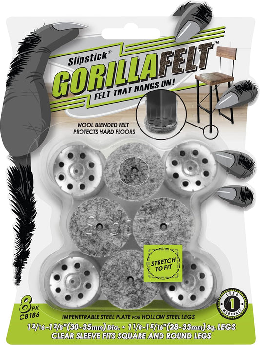 Slipstick GorillaFelt Chair Leg Floor Protectors for Hardwood Floors, Clear Sleeve Felt Pads for Furniture That Stay On, Fits Round & Square Legs, Includes 8 Premium Transparent Chair Socks, CB186