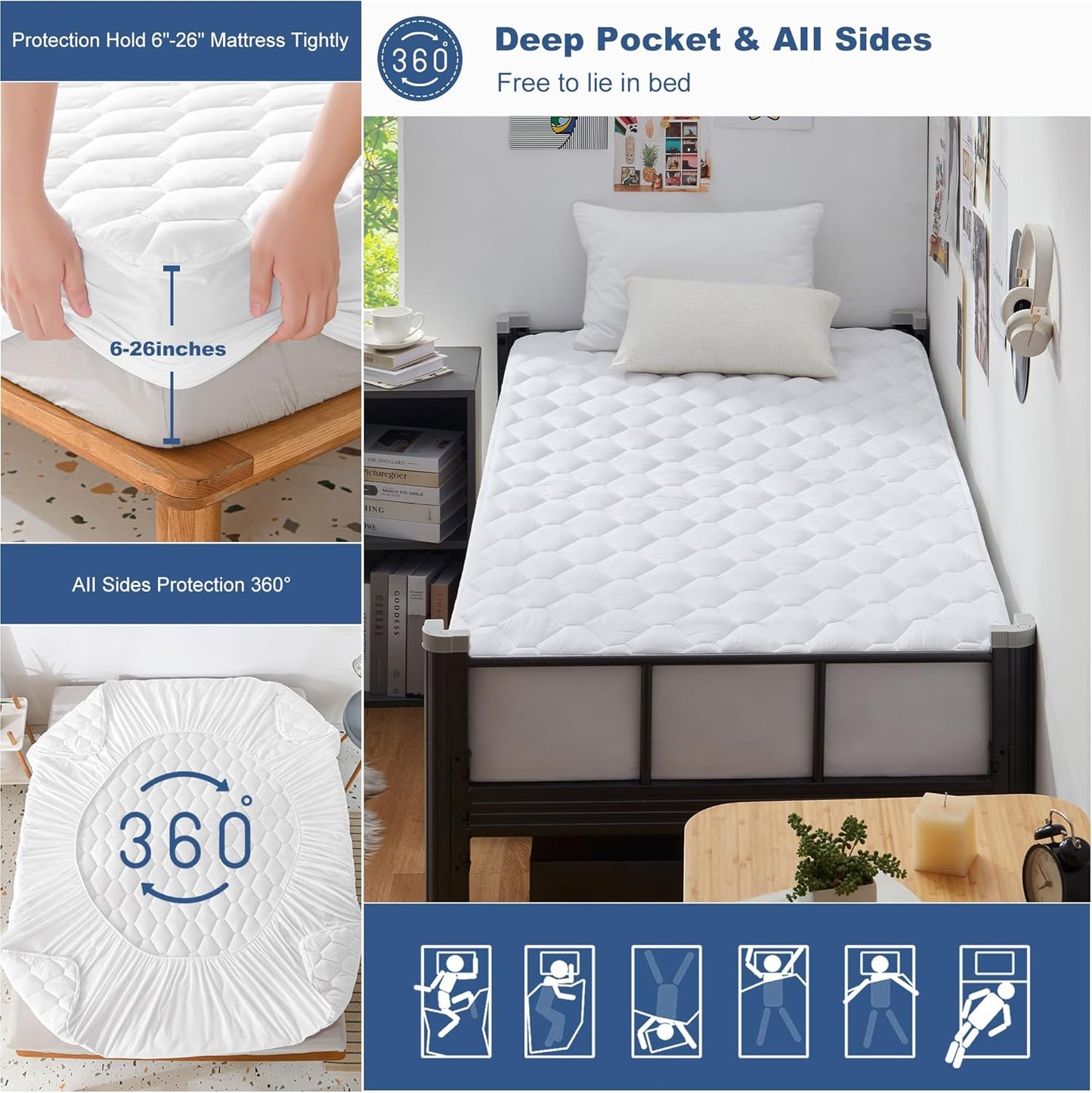 GRT Twin XL Mattress Protector Waterproof, 100% Waterproof Quilted Fitted Mattress Pad, Noiseless Hollow Cotton Mattress Cover, fits up to 18" Deep, Dust Proof White