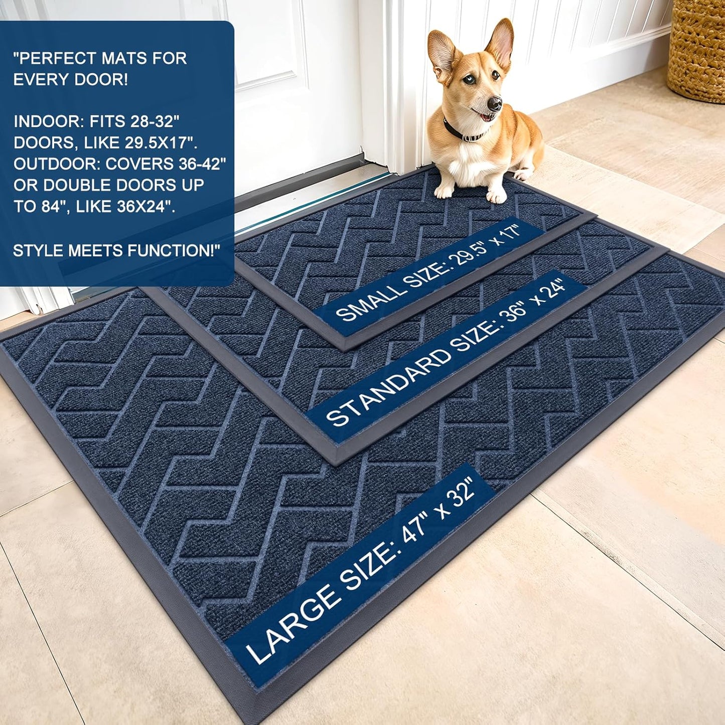 OLANLY Front Door Mat Indoor Outdoor Entrance, Waterproof All-Season, All-Weather Doormat, Sturdy Natural Rubber, Low Profile, Easy Clean Patio Porch Entryway Mat, Herringbone Brick (Blue, 71x47)