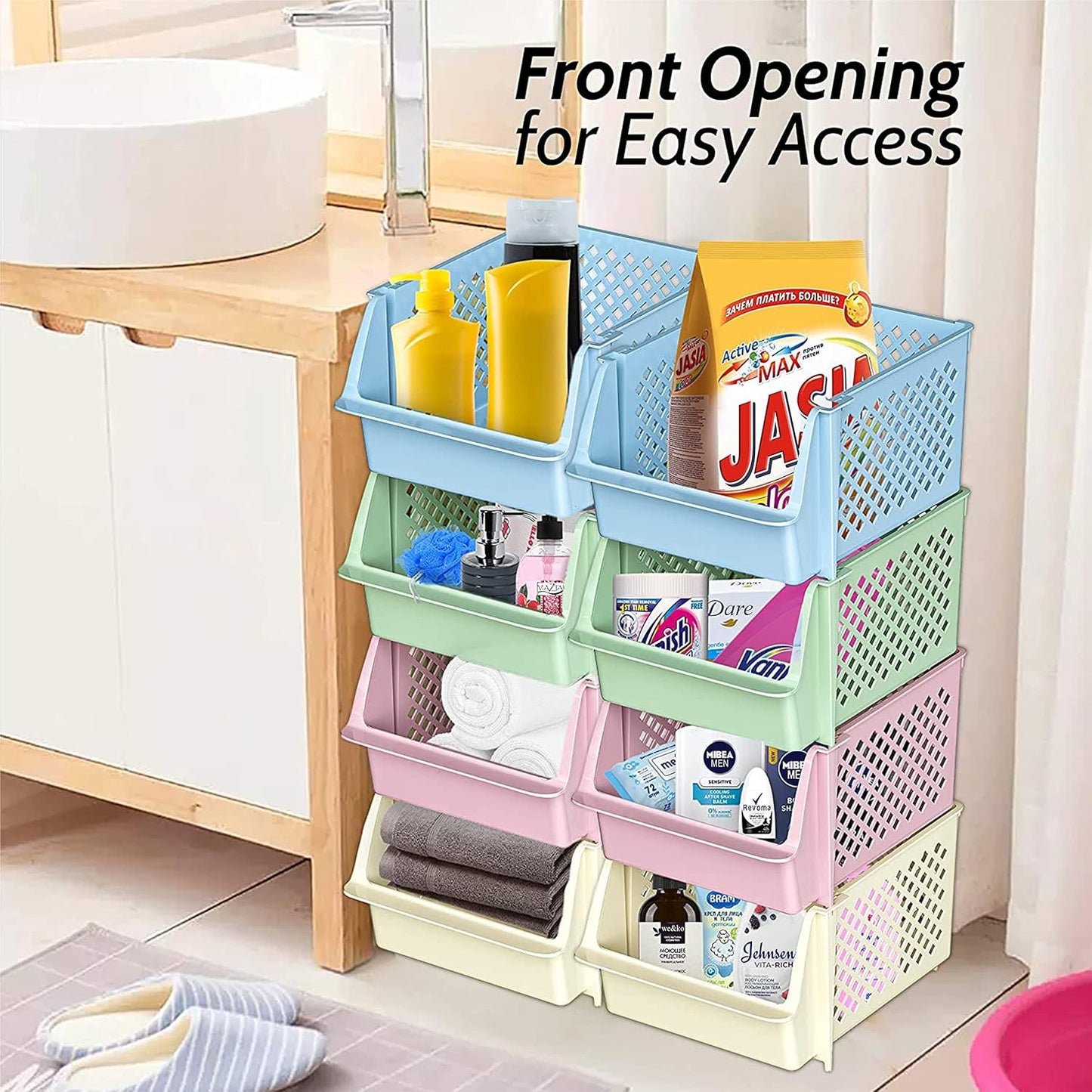 TidyFriend Plastic Stackable Storage Bins for Pantry - 8 Pack Stackable Bins for Organizing Food, Kitchen, and Bathroom Essentials (Multi)