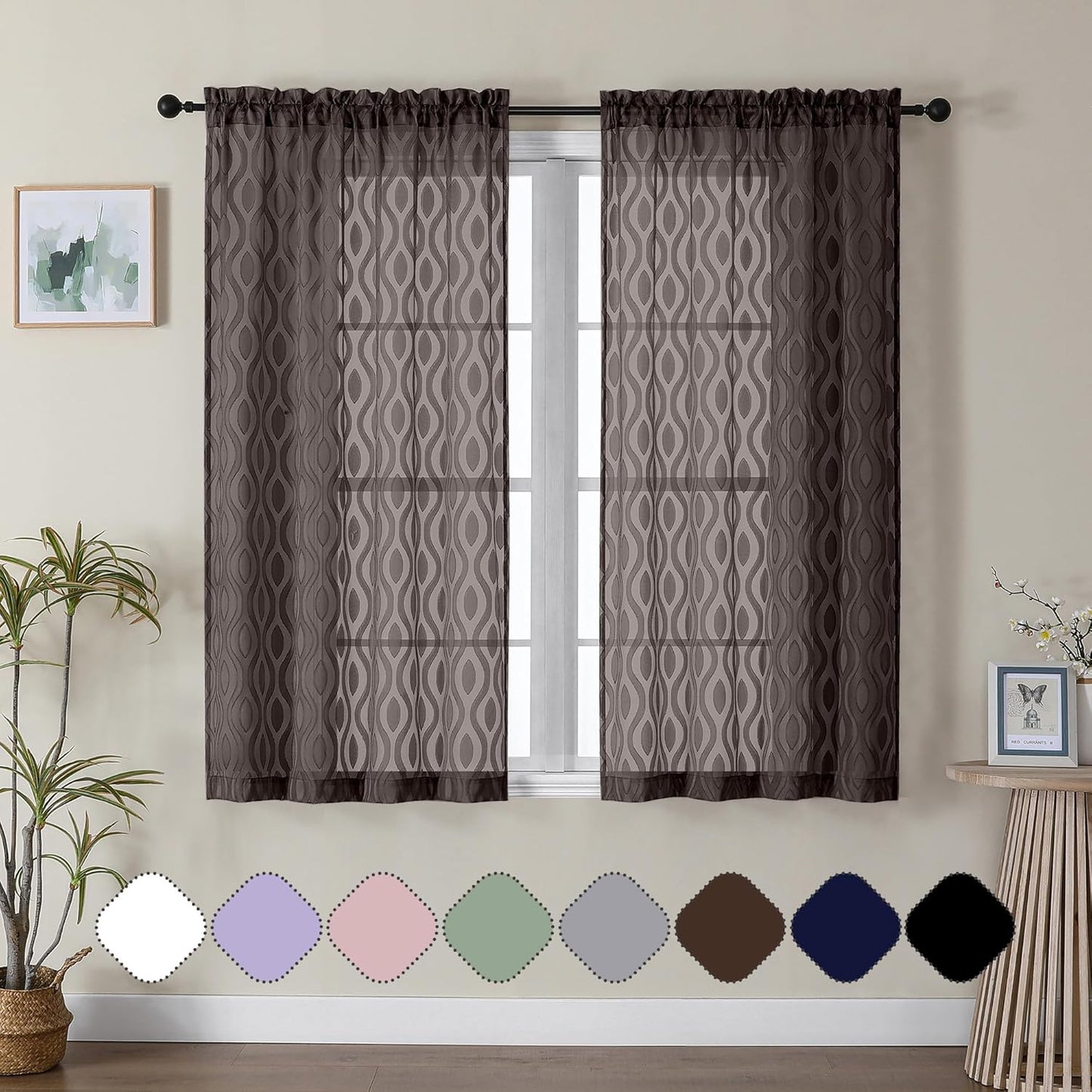 Aiyufeng Sheer Brown Curtains 54 Inch Length 2 Panels - Soft Lightweight Clip Jacquard Textured Farmhouse for Bedroom, Modern Wavy Line Voile for Living Room, 40Wx54L Inches