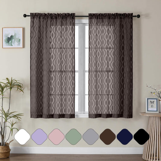 Aiyufeng Sheer Brown Curtains 54 Inch Length 2 Panels - Soft Lightweight Clip Jacquard Textured Farmhouse for Bedroom, Modern Wavy Line Voile for Living Room, 40Wx54L Inches