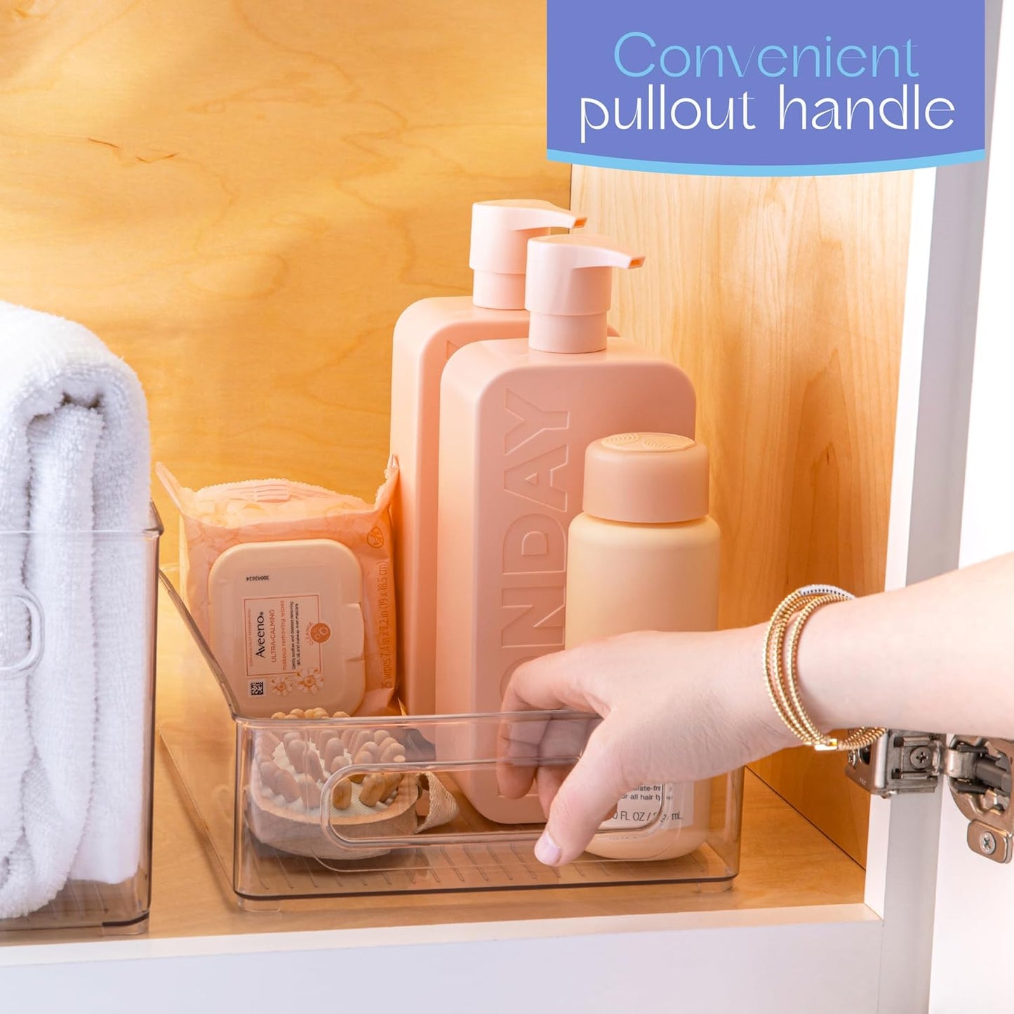 Plastic Food Storage 4 Pack Clear Container Bin with Handles for Organizing Kitchen, Pantry, Refrigerator, Freezer, Pantry, Cabinet, Closet, Bathroom. Stackable 10”x8”x3”