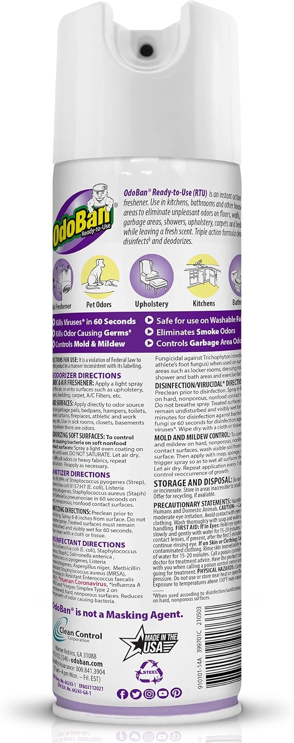 OdoBan Ready-to-Use Disinfectant and Harsh Aroma Eliminator, Cleaner and Fabric/Air Freshener, Set of 2, 14.6 Ounce 360-Degree Continuous Spray and 32 Ounce Trigger Spray, Lavender Scent