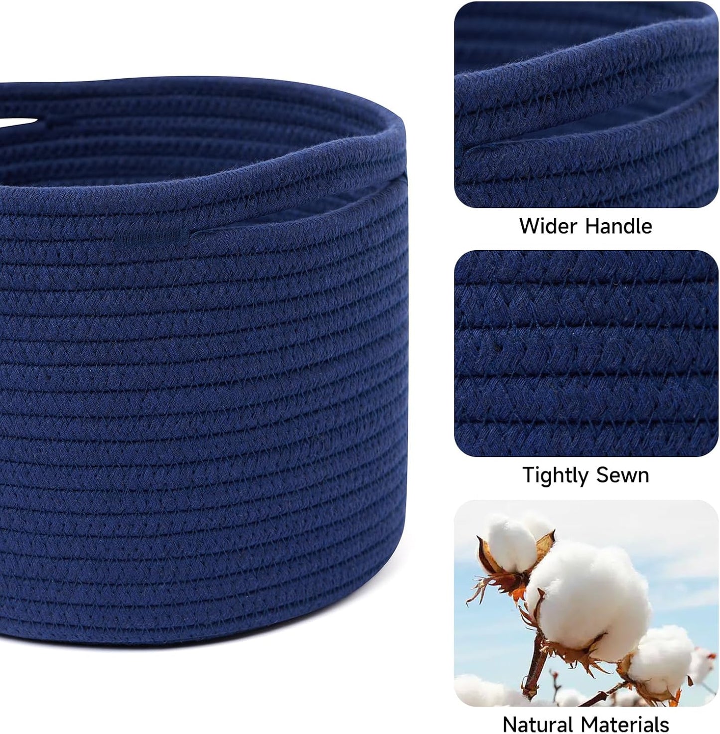 Small Basket for Organizing | Cube Shelf Closet Storage Baskets | 9.7×9.7×7.1” | Woven Rope Gift Basket | Nursery | Round 3 Packs Navy Blue