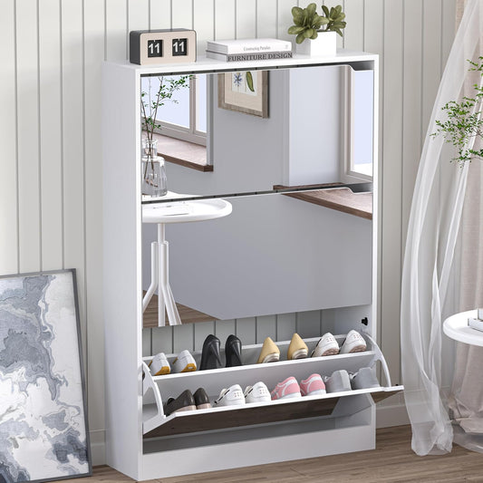 Shoe Cabinet with 3-Flip Mirror Drawers, Freestanding Shoe Rack Organizer with Hidden Handle, Slim Narrow Shoe Storage Cabinet for Entryway, Entrance, Hallway, Bedroom
