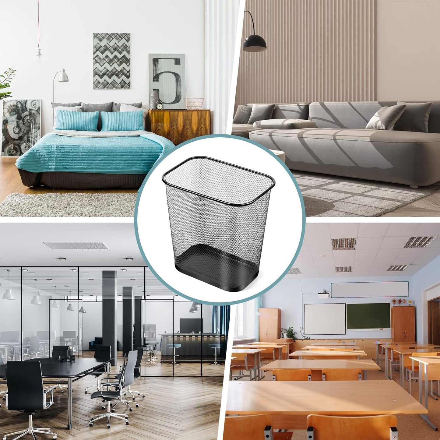 Nuanchu 6 Pcs Mesh Square Trash Cans 4 Gallons Wire Wastebasket for Home Black Metal Office Garbage Cans Rectangular Trash Bin for Kitchen Bathroom Bedroom, 11.7 x 8.5 x 11.8 Inch (Black)