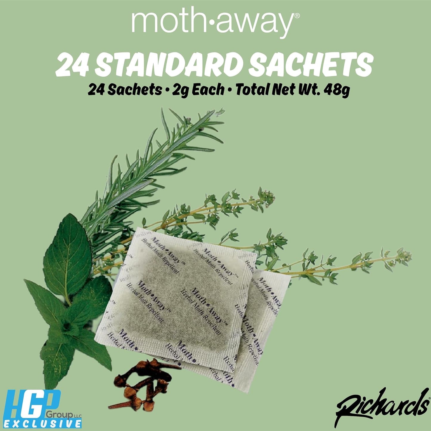 Richards Homewares Moth Away Sachets – 24-Pack Natural Herbal Moth Repellent, Non-Toxic & Chemical-Free, Fresh Scent for Drawers, Closets & Storage Bins – Made in USA