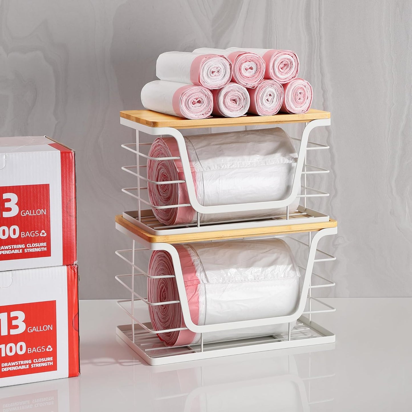 ALOCEO 2 Pack Extra Large Trash Bag Holder with Bamboo Top, Wall Mount Stainless Steel Organization and Storage for Kitchen Sink, White