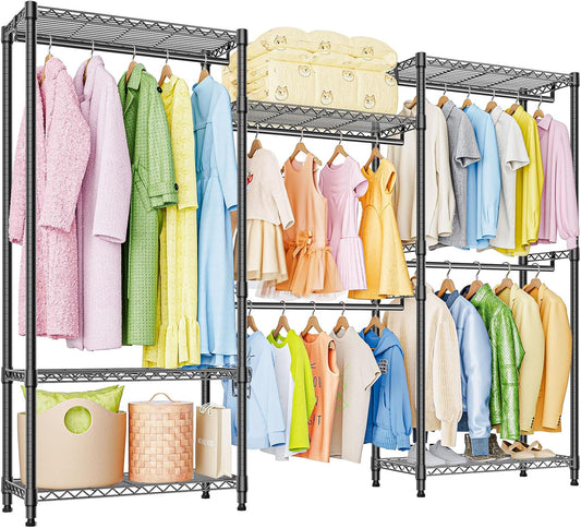 Heavy Duty Rolling Garment Rack 3 Tiers Adjustable Wire Shelving Clothes Rack with Rods Storage Closet Clothing Rack Black 15.7" D x 70.8" W x 76.5" H