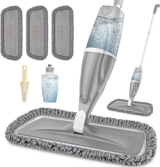 Microfiber Spray Mops for Floors Cleaning: EXEGO Dust Mop Wet Mop with 3 Washable Resuable Pads -440ML Refillable Bottle and 1 Scraper - Flat Floor Mop for Hardwood Laminate Ceramic Tiles Vinyl Woood