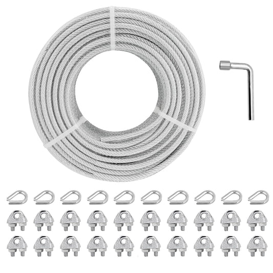 1/8" Wire Rope Kit, 100 Ft PVC Coated Steel Cable Guide Wire Tensioner Strainer Kit w/ 7×7 Strand Core Steel Wire for String Light Hanging Kit/Decking & Stair Railings/Shade Sails/Clothes Line