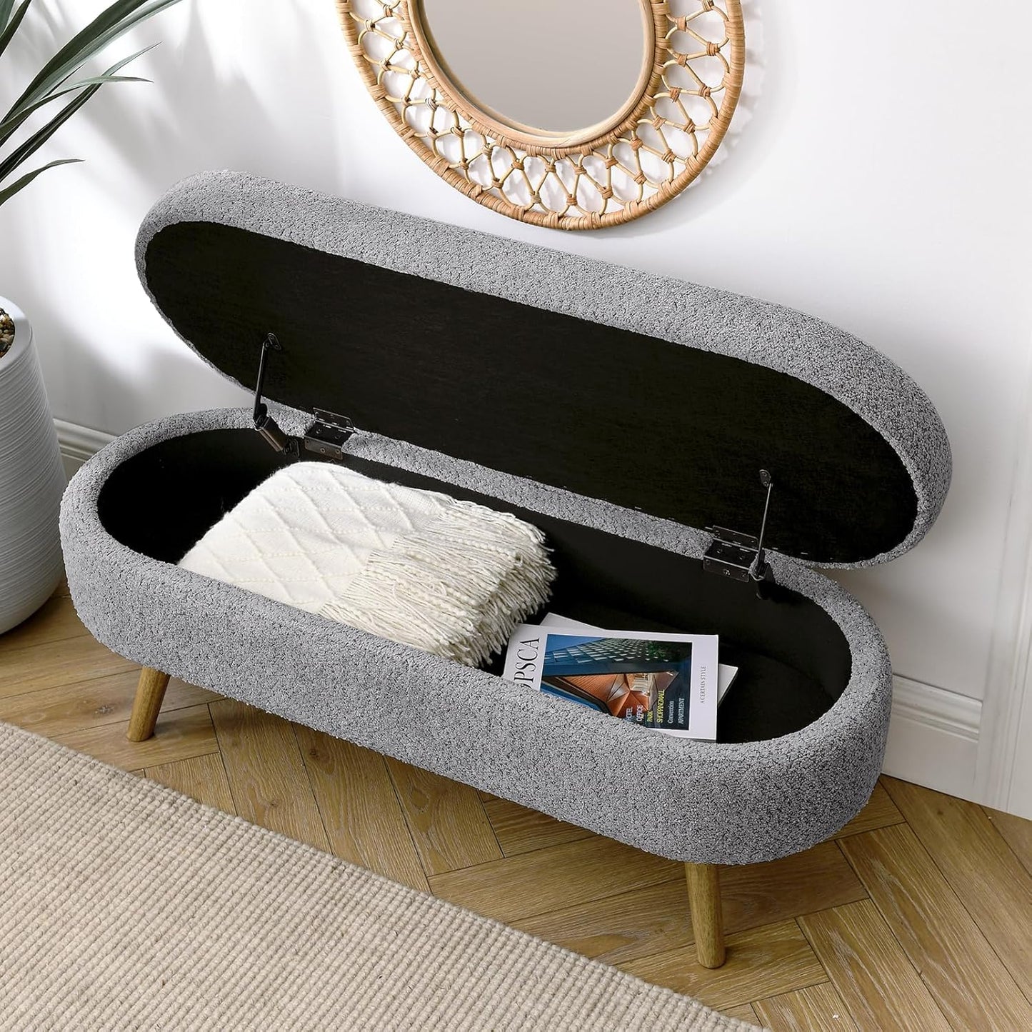 Furnimart 43.5" Queen Size Storage Ottoman Bench, Flip Top End of Bed Storage Bench, Upholstered Blanket Bench for Bedroom, Entryway, Living Room, Tufted Looped Pile Yarn Fabric (Grey)