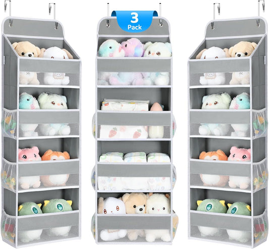 Yecaye 3 Pack 4-Tier Over The Door Organizer - Foldable Portable Baby Essentials for Stuffed Animal Storage - Multi-Purpose Bathroom Closet Organizers and Storage for Kids Newborn Baby Stuff Gray