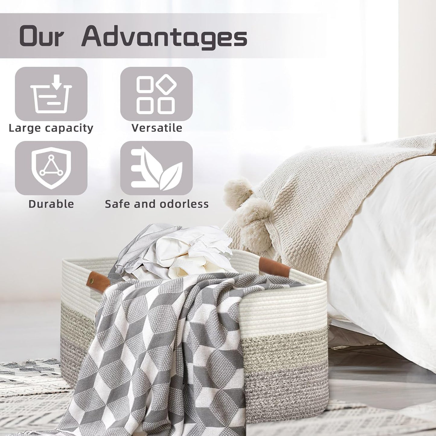 Large Collapsible Laundry Basket, Clothes Hamper for Blanket, Toy, Towels, Woven Baskets for Storage, Nursery Home Decor Living room 21.6" x 15" x 11.8", Gradient Brown