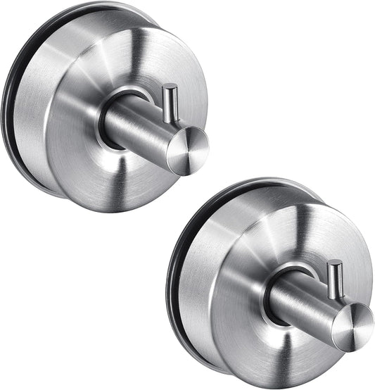JOMOLA Brushed Stainless Steel Shower & Bathroom Hooks - No Drill Adhesive-Free Suction Cup Hardware, Rustproof Waterproof Metal Wall Mount for Towel Robe, Damage-Free (2-Pack)