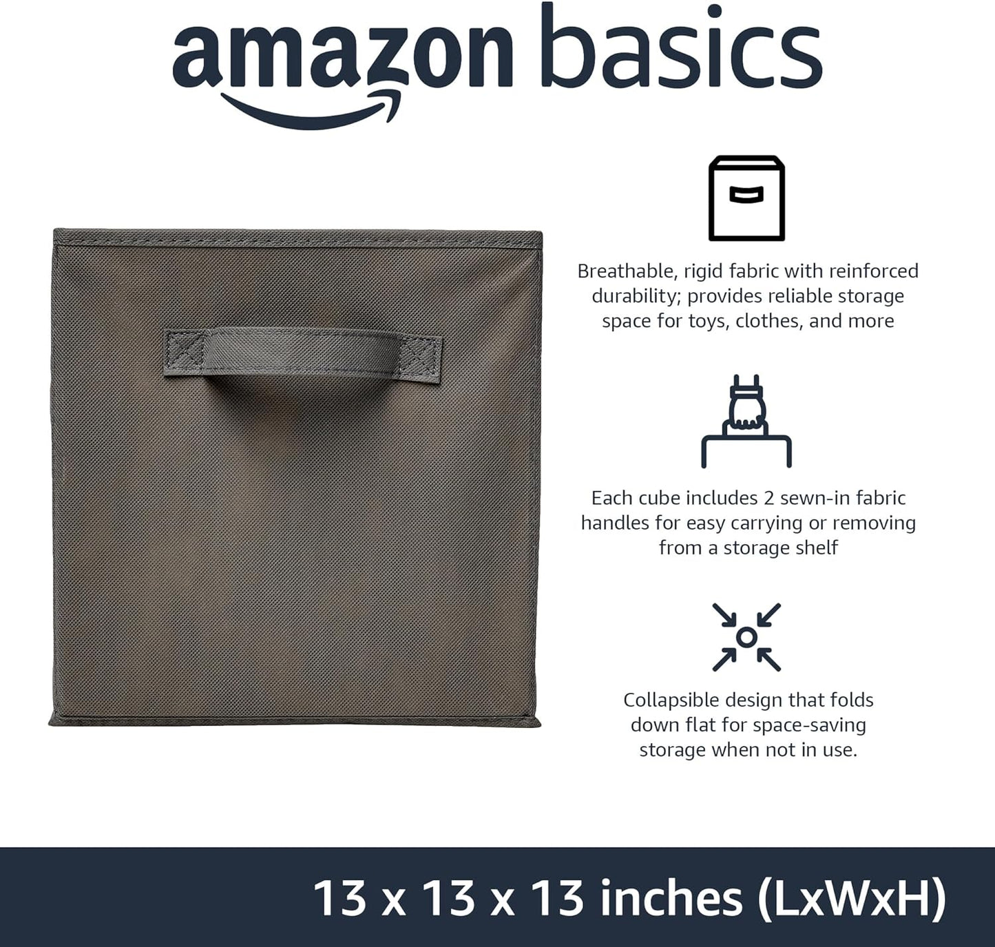 Amazon Basics Collapsible Fabric Storage Cube Bins Organizer with Handles, Sturdy, Gray, 13-x-13-x-13-inch, Pack of 6