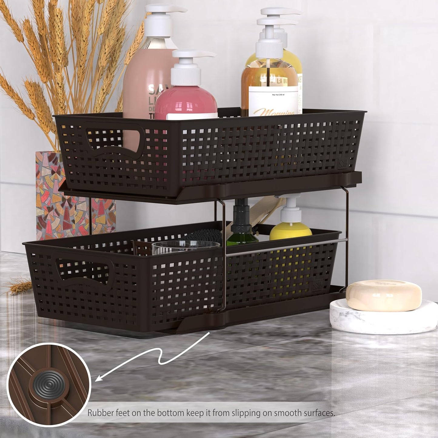 Simple Houseware 2 Tier Bathroom Organizer Tray Pull-Out Sliding Drawer/Under-Sink Storage, Brown
