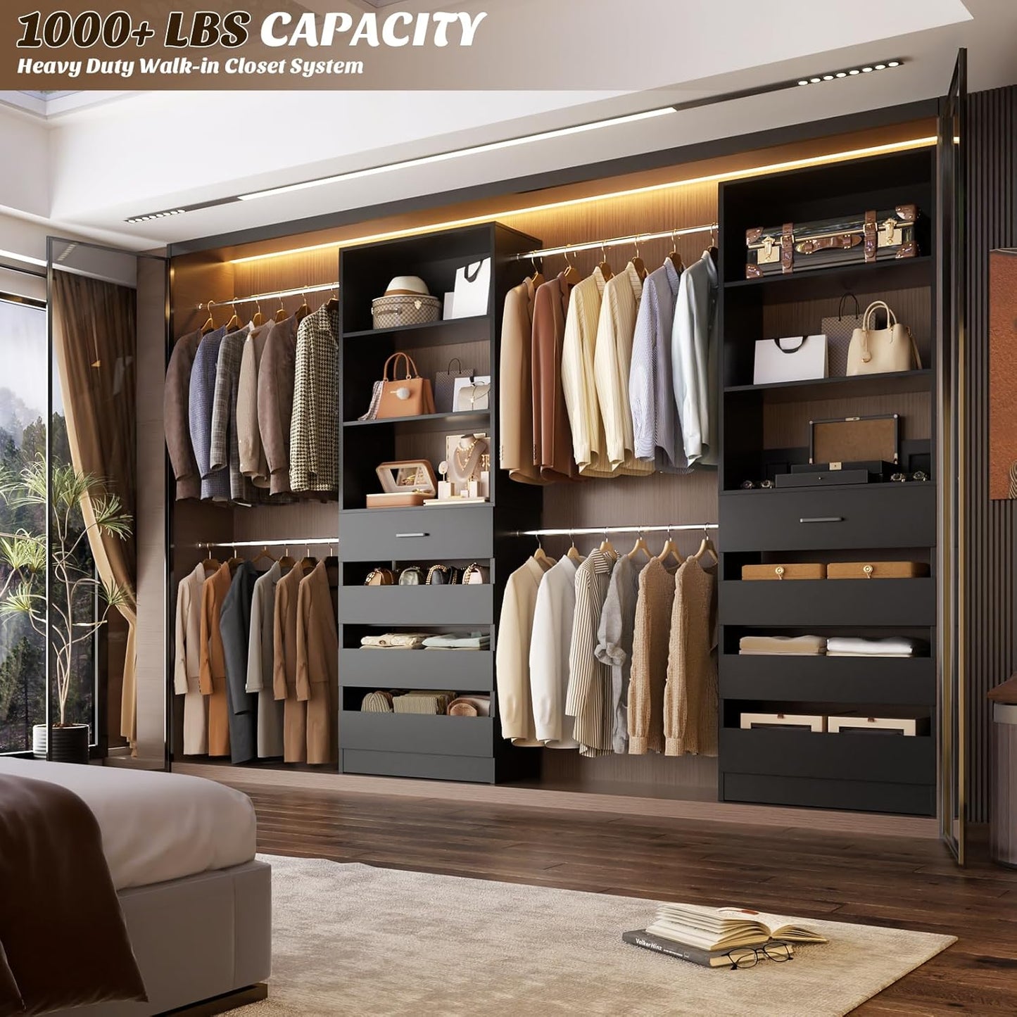 Aheaplus Closet System, 4-9Ft Closet Organizer with 4 Wooden Drawers, Wood Closet Organizer System with Tower, Walk-in Closet Organizer Wardrobe Clothes Rack with 4 Hanging Rods, Garment Rack, Black