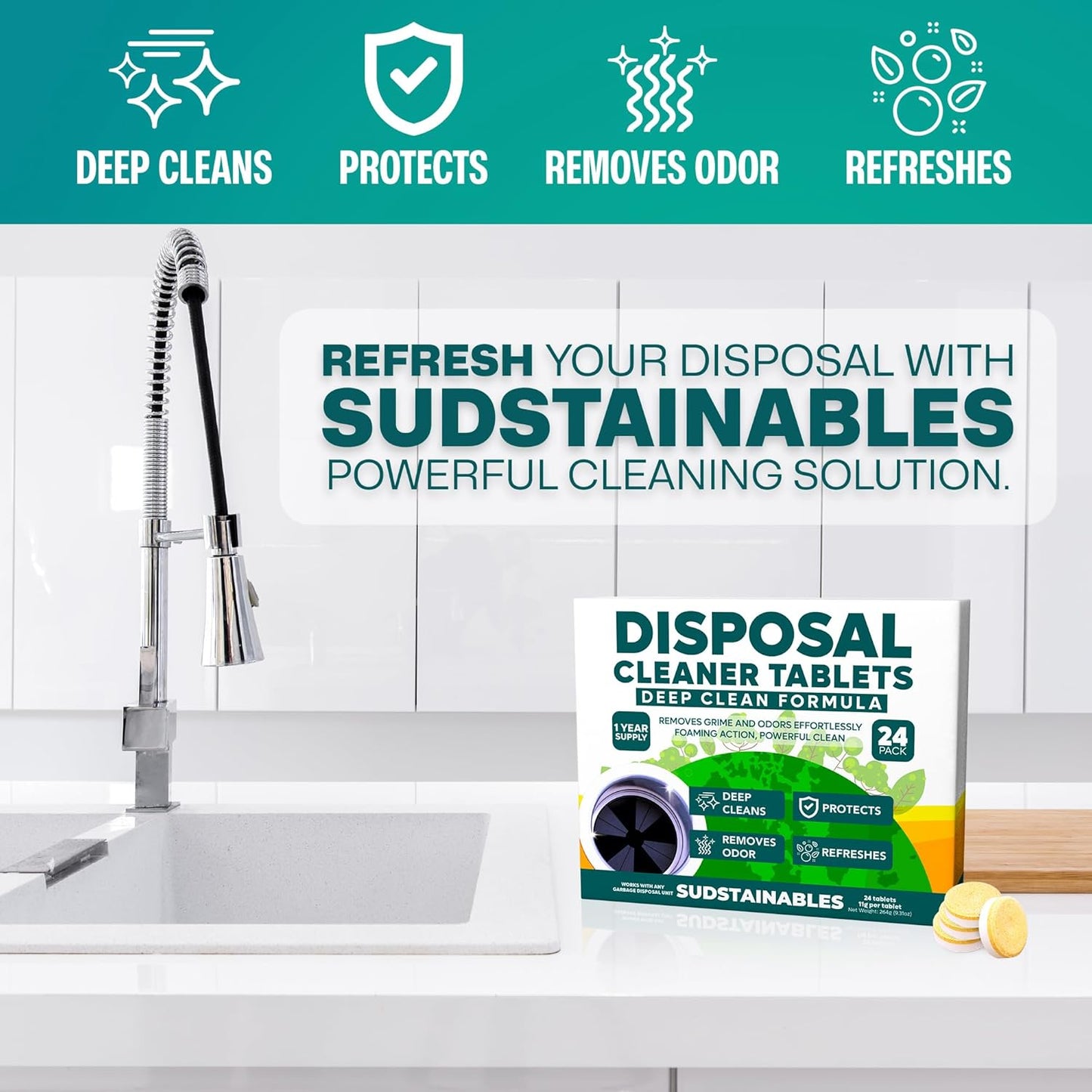 Sudstainables Garbage Disposal Cleaner Tablets 24-Pack - Sink Cleaner and Deodorizer, Disposal Cleaner and Deodorizer, Garbage Disposal Cleaner and Deodorizer Tablets - up to 1-year Supply