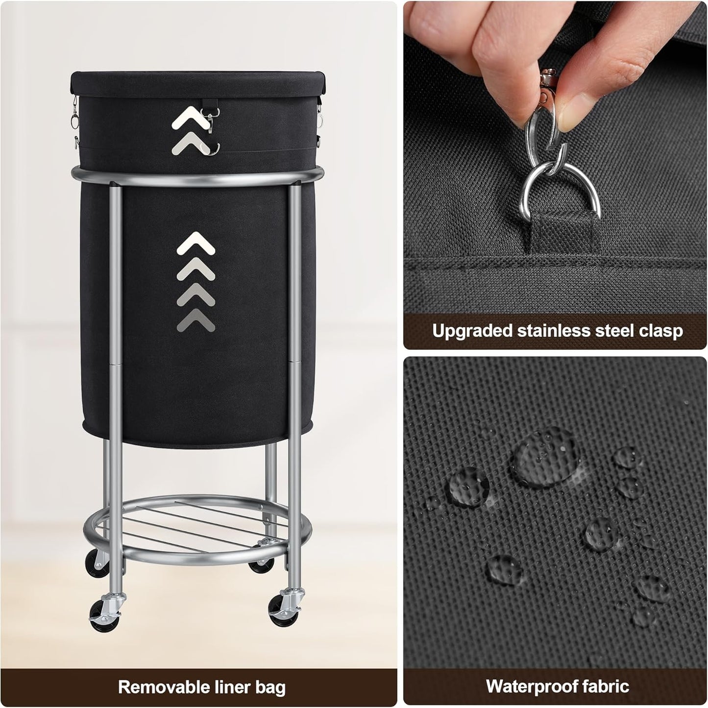 ELYKEN Laundry Hamper with Wheels, 110L Rolling Laundry Basket, Round Laundry Cart with Steel Frame and Removable Bag, 4 Casters and 2 Brakes, Dirty Clothes Hamper for Hotel, Home, Closet, Dorm, Black