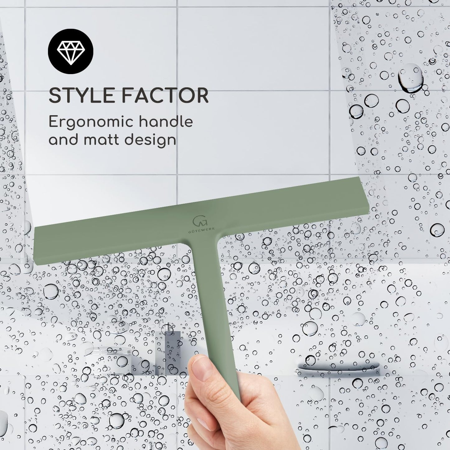 GÜTEWERK Shower Squeegee for Glass Doors, Silicone Window Squeegee, Bathroom and Glass Cleaning - Green - 9 Inch