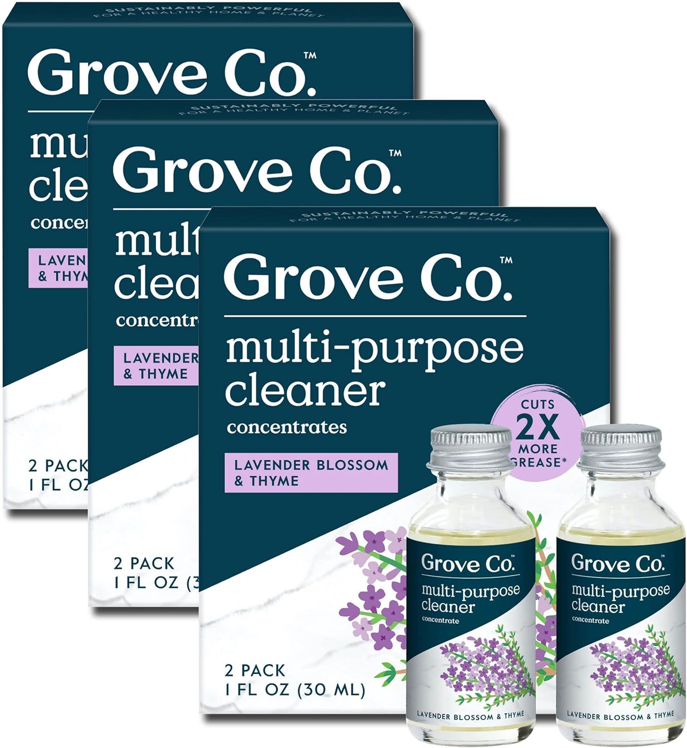 Grove Co. Multi-Purpose Cleaner, Refill Concentrate (6 x 1 Fl Oz) Plant-based Household Cleaning Supplies, Ammonia & Chlorine Free, No Plastic Waste, Lavender Blossom & Thyme, Total 3 x 2 Pack Refills