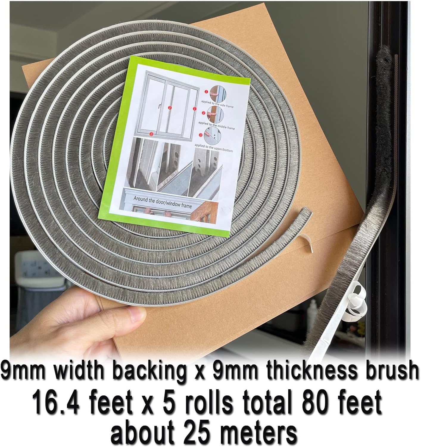 Door Sealer Weather Stripping for Sliding Window Frame Seal Strip, Pile Brush Self Adhesive Weatherstrip Sealer Soundproofing (80ft x11/32 Backing x 11/32 Brush inch, Grey)