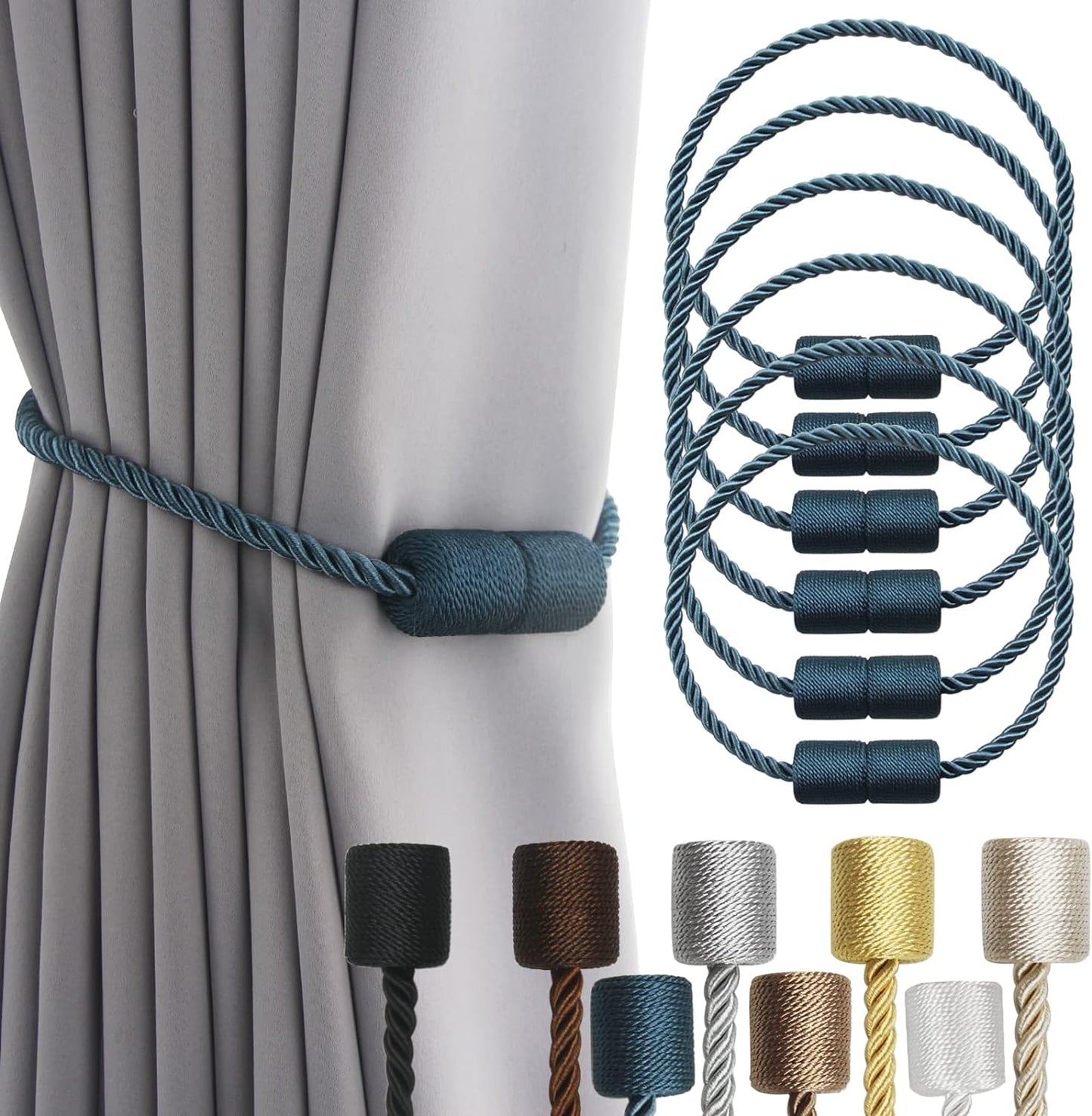 6 Pack Blue Strong Magnetic Curtain Tiebacks Outdoor Elegant Decorative Tie Backs Modern Rope Tiebacks for Drapes Window Curtain Holdbacks for Draperies