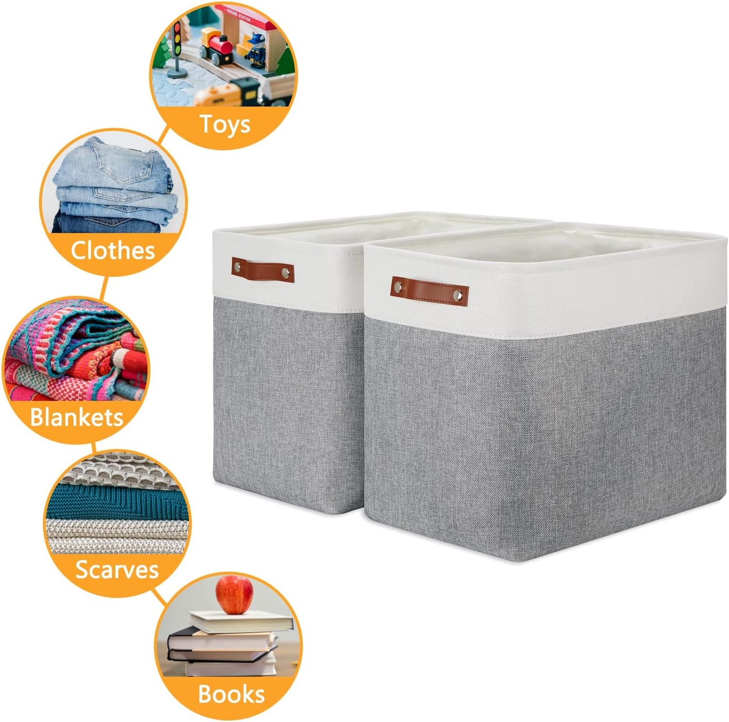 DULLEMELO Extra Large Storage Baskets, Fabric Storage Bins for Organizing Shelves Nursery Toys Books, Closet Baskets and Bins with Handles, White&Grey, 2-Pack