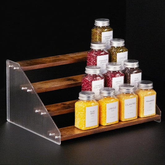 nianfeng Tiered Spice Rack, 4-Tier Spice Pantry Kitchen Cabinet Organizer, 12-Inch, Natural Wood Acrylic Stair Riser Stand, Countertop Seasoning Shelf (Rustic Brown)