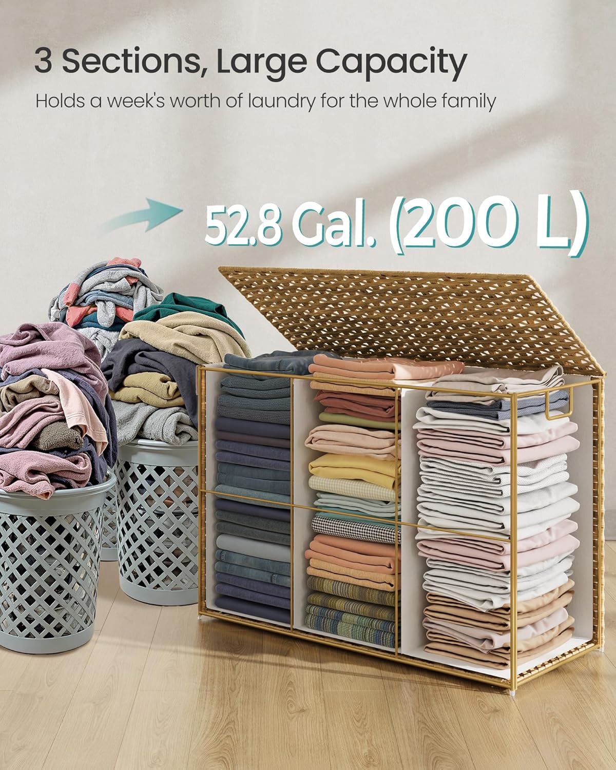 SONGMICS Laundry Hamper with Lid, 52.8 Gallon (200 L) Synthetic Rattan Clothes Laundry Basket with Lid and Handles, Foldable, Removable Liner, Goose Yellow ULCB320Y01