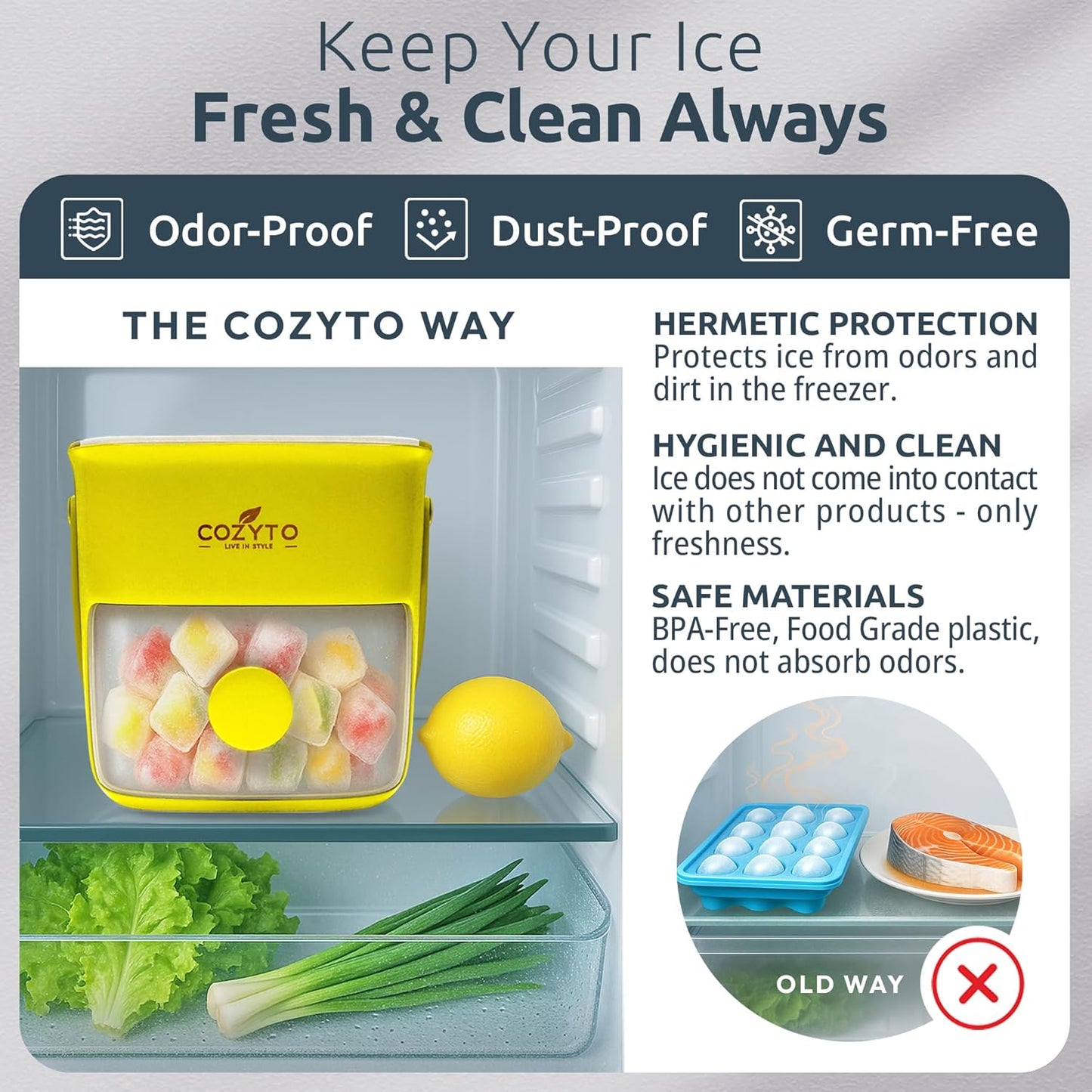 COZYTO CubeGo Ice Cube Tray with Lid and Storage Bin – One-Press Release, 48 Mini Ice Cubes, BPA-Free, Odor-Proof, Includes Scoop – DIY Fruit Ice for Cocktails, Drinks & Smoothies (Avocado Green)