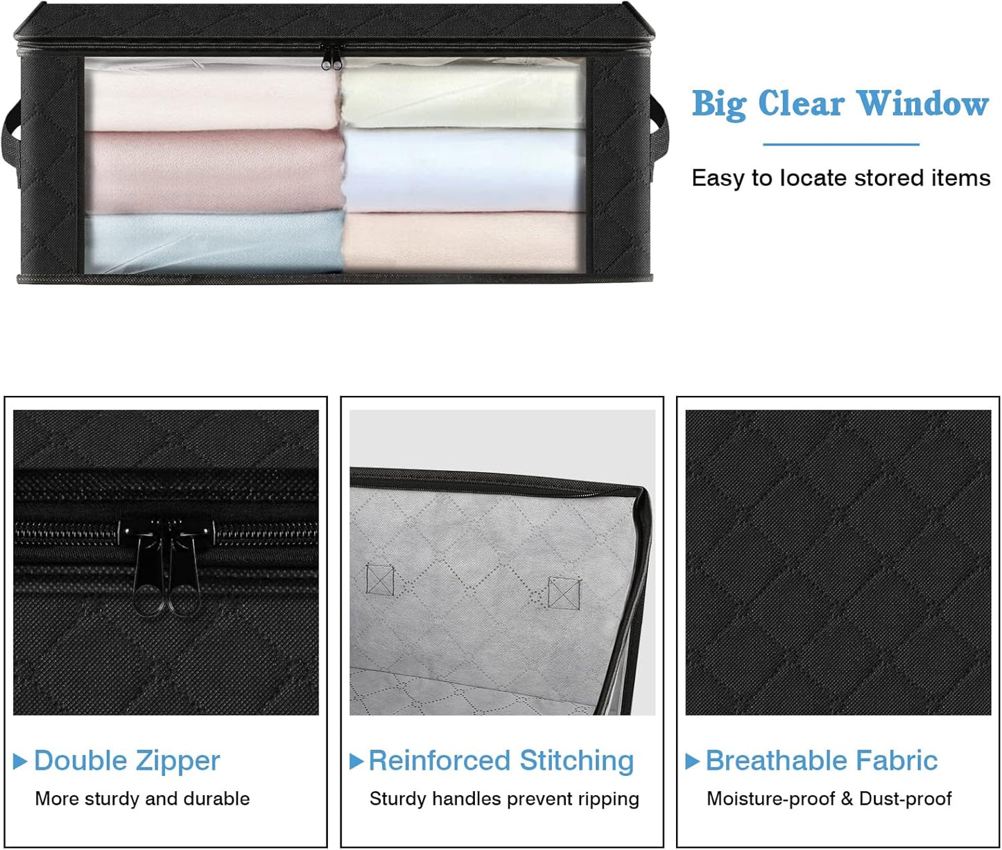 HomeHacks Storage 3-Pack Clothes Organizer Storage Bags Foldable Storage Box with Large Clear Window Sturdy Handles for Closet, Dorm, Pillows, Bedding, Clothes, Blankets, 35L, Black