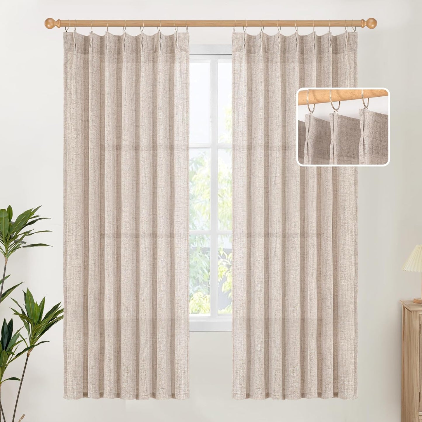 YoungsTex Natural Linen Curtains 72 Inch Length for Living Room Pinch Pleated Light Filtering Textured Window Drapes for Bedroom Home Office Privacy Back Tab, 2 Panels, 40 X 72 Inch