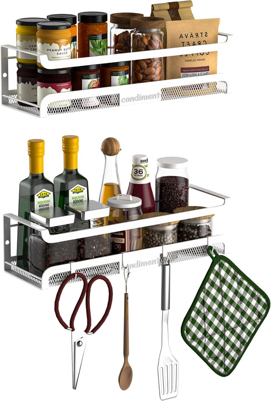 Spice Rack Wall Mount with Hooks - Spice Racks Organizer for Cabinet Storage, Wall Mounted Hanging Shelf Seasoning Organizer, for Kitchen, Pantry Door, Bathroom (White, 2 Pack)