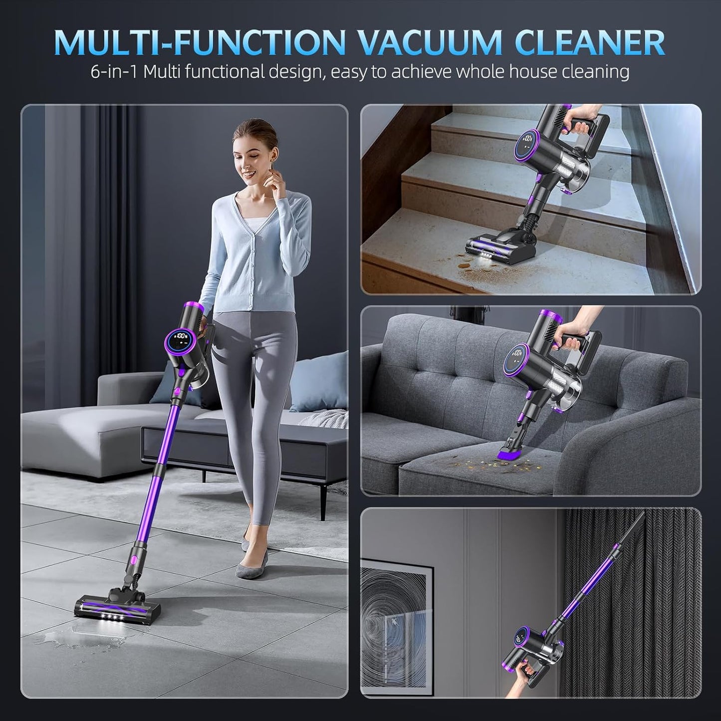 Cordless Vacuum Cleaner, Stick Vacuum with LED Display, 2 Modes 6 in 1 Lightweight Rechargeable Cordless Stick Vacuum with 40Min Detachable Battery Vacuum Cleaner for Home Hard Floor Carpet
